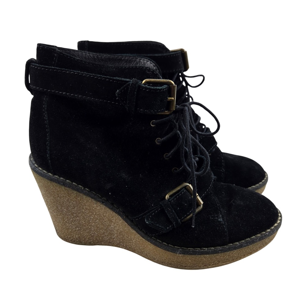 Madewell 1937 Black‎ Suede Wedge Ankle Boots Lace Up Buckle Detail Women